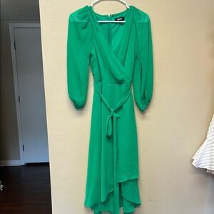 DKNY Green Ruffled Wrap Dress with Bishop Sleeves